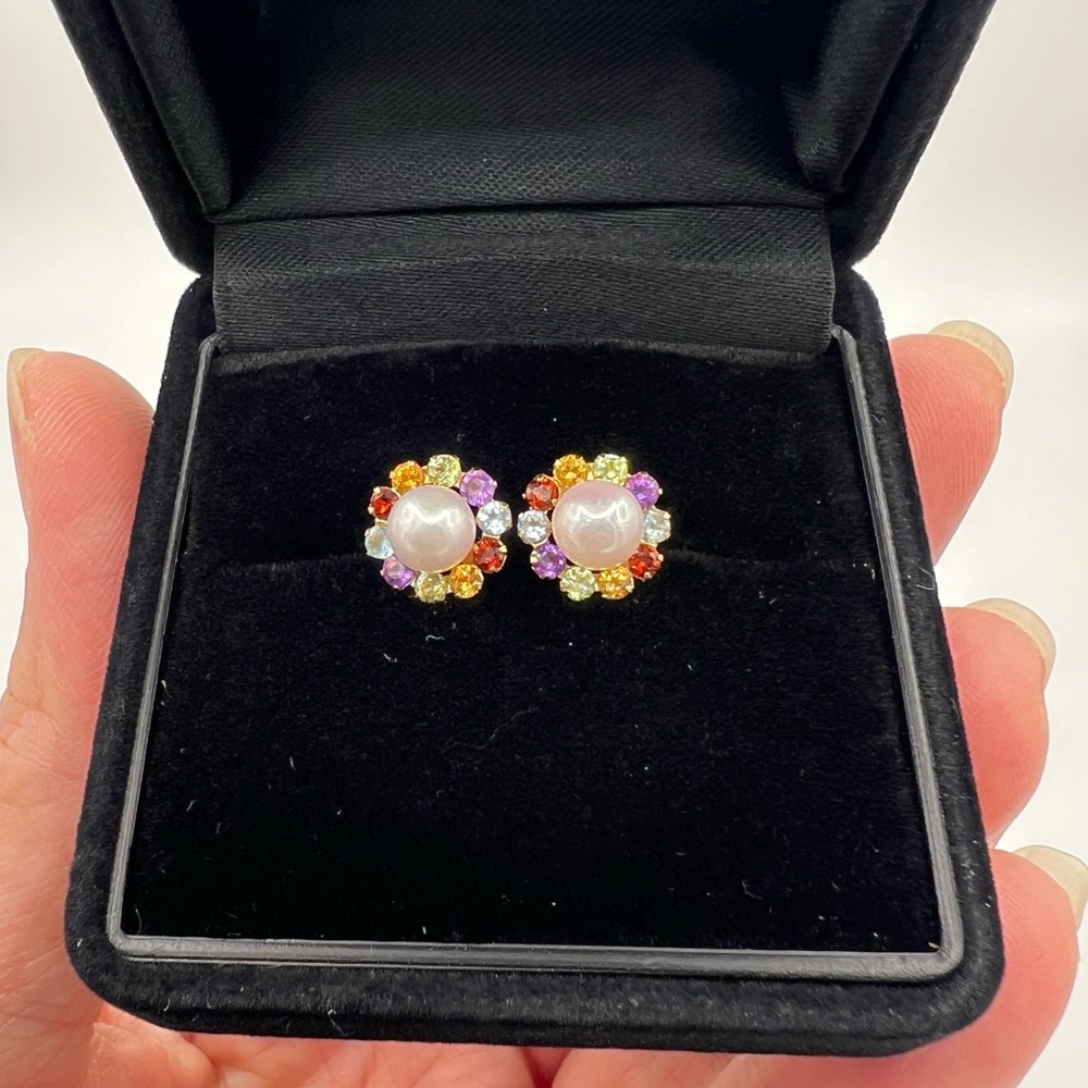 Akoya Pearl Earrings with Multi Gems Design